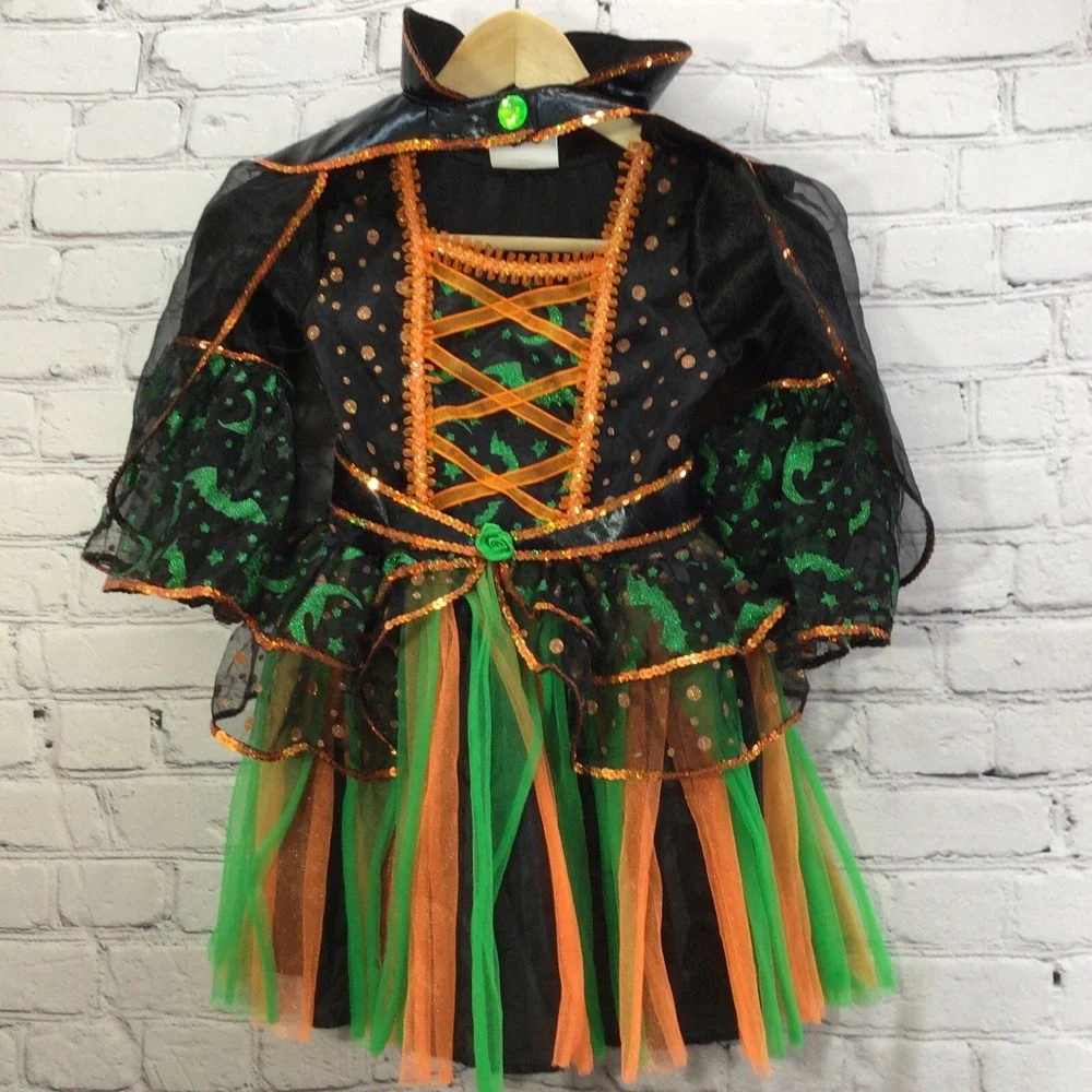 Teetot Witch Costume Girls Sz 5-6 Green Orange With Stockings‎ and Cape